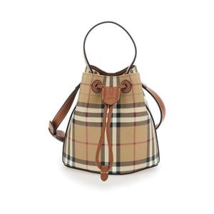 BURBERRY 캔버스 여성의 드로스트링 클로저와 올오버 체크 모티프가 있는 베이지 핸드백 8109794A9534