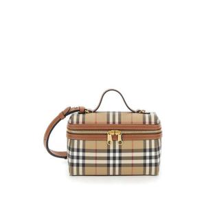 BURBERRY 조절 가능하고 탈착 가능한 어깨끈과 캔버스 여성용 올오버 체크 모티프가 있는 베이지 크로스바디 백 8120525A9534