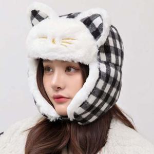 귀엽고 깜찍한 고양이 귀 체크 무늬 귀달이 모자