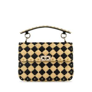 VALENTINO GARAVANI Two-tone raffia medium Rockstud Spike handbag 6W2B0122QUN EX9