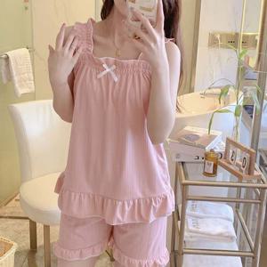 베이직 파자마 에코 패브릭 프릴 나시 리본 잠옷