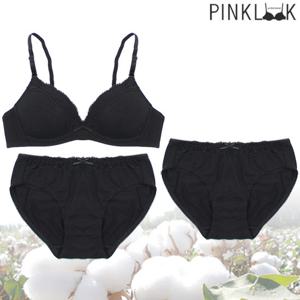 [핑크룩] 순면 코튼노와이어 브라팬티3종세트/블랙