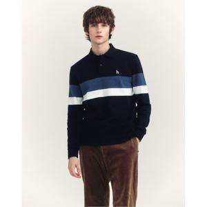 헤지스 남성 24FW 스테디셀러 네이비 라인배색 면혼방 긴팔카라티셔츠 WHTS4D532N3