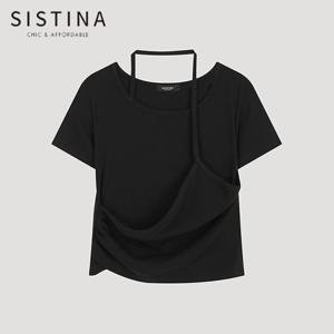 [SISTINA] 인기 언밸런스 레이어 크롭 티셔츠_AAJTSO21080_BK