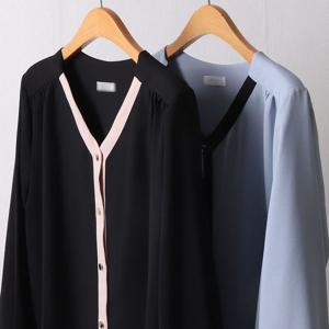 배색 V넥 블라우스 203I360S 빅사이즈 여성의류 502