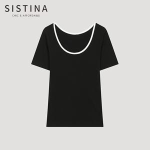 [SISTINA] 인기 슬림핏 골지 스쿱넥 티셔츠_AAJTSO21090_BK