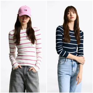 [타미진] T32F7TTO03TWT1 여성 골지 슬림 스트라이프 긴팔 티셔츠