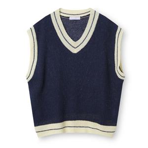 남자 간절기 오버핏 배색 브이넥 니트조끼 AC-VES-Q014-네이비