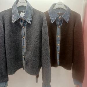 Latium HC06 데님 배색 단추 오픈 남방형 데님 카라 니트기모 가디건 T2543cd05