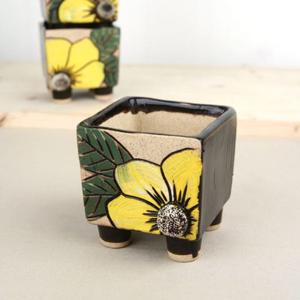 수공예 노랑꽃 사각 미니화분/다육화분