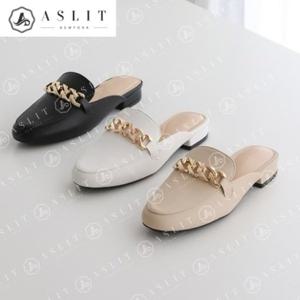 [애슬릿] 라운드 토 발 편한 체인 금장 여성 뮬 블로퍼 2cm