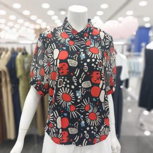 [아니베에프]A56WBL560 카라넥 프린트 허리핀턱 셔츠형블라우스_