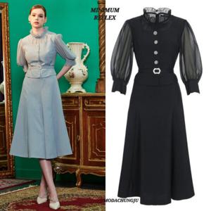 [미니멈]MD 하이넥 쉬폰 배색 벌룬소매 플레어원피스 MD MXCAWO7