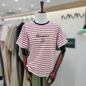 [비지트인뉴욕]라운드넥 후로킹 반팔 스트라이프티셔츠 VB5901 O