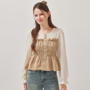 [포커스]레이스 배색 스모크 블라우스 PBBF5F1BL5101