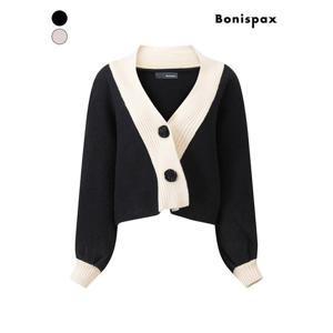 [보니스팍스]배색 V넥 크롭 니트 가디건 (XPBKG008M0)