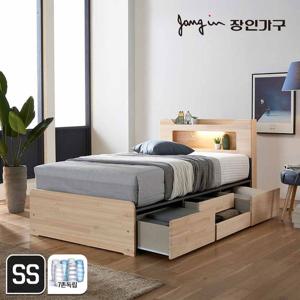 장인가구 시드니 LED 편백나무원목 4서랍 수납침대SS_포켓매트