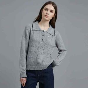 샵앤) 여성 배색 카라넥 반오픈 단추 펀칭 리본 니트티 SHA-WKN-20981-그레이