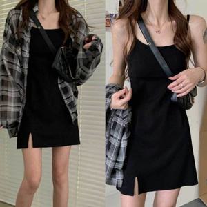 세트 끈나시 미니 원피스 체크 셔츠 데일리 스타일