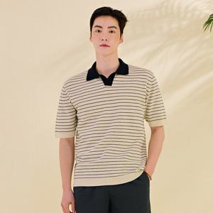 남성 쿨 터치 스트라이프 오픈카라넥 반팔 스웨터-DBRK5612D0A