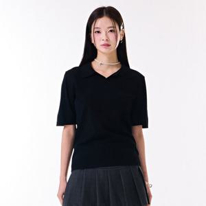 여성 배색 오픈 카라 반팔 스웨터-DBRG5671D03