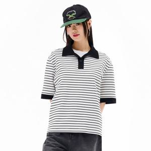 여성 오픈 카라 스트라이프 반팔 티셔츠-EBRG5772D0A