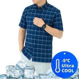 남자 시어서커 원단 통풍 시원한 여름용 네이비 스판 반팔 체크 와이셔츠 RFV21770