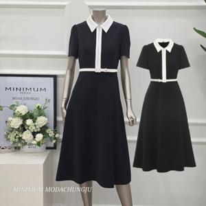 [미니멈]MD 카라 배색 더블집업 플레어 원피스 MD MYBAWO6070BK1