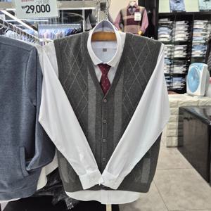 [엘르옴므]엘르옴므 니트 조끼 V넥 아가일 오픈조끼 TBEFR6534