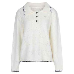 샵앤) 여성 배색 카라넥 반오픈 단추 펀칭 리본 니트티 SHA-WKN-20981-아이보리