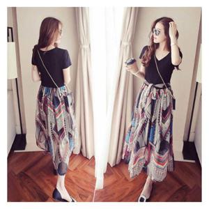 여성투피스원피스 1P 여자 에스닉 반팔 브이넥 치마