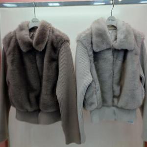 Latium HC06 짧은 니트배색 페이크퍼 밍크 집업 카라 쟈켓 T2543jk06