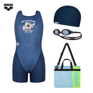 아레나 생존수영 도너리 A4BG1KG04 NVY (주머니백 증정) 여아동 반신수영복 수경 수모 가방 4종세트