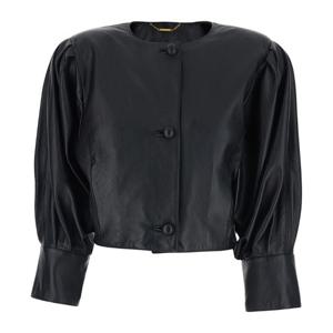 끌로에 블랙 크루넥 버튼 가죽 재킷 CH26SCV97 203001