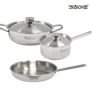 키친아트 퀸즈 통3중 304스텐냄비 2종(편18+전24)+퀸 통5중 스텐후라이팬 28cm
