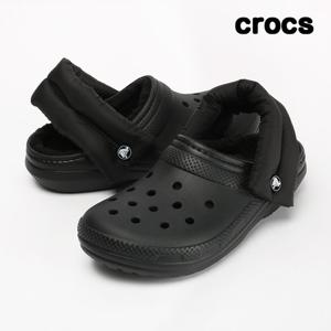 크록스 클래식 퍼프 스트랩 라인드 클로그 성인 털슬리퍼 블랙 211979-001
