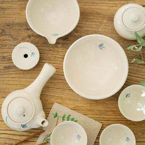 이천도자기 미색 파란꽃 3인 다기 풀세트 전통찻잔