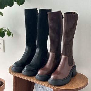 브라운 홀릭 HSM009 여자 롱부츠 천연소가죽 니트 레이어드