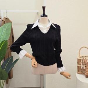 [포커스]FS5A9KT5061_셔츠 카라 배색 브이넥 니트