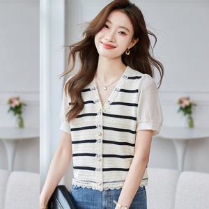 리바 브이 반팔 니트 가디건_RE2GD001