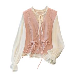 (예쎄) (2종SET)프릴넥 시스루 블라우스+리본 니트조끼(S4FSE405A)