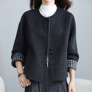 노카라 체크소매 모직코트_RE4HC008