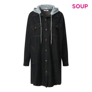 [숲]캐주얼 후드 배색 롱 데님 셔츠 S5ALS11