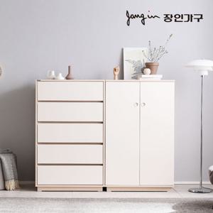 장인가구 [비밀특가] 크라운 빅 서랍장 옷장 세트B (5단서랍장+낮은옷장)