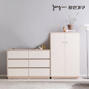 장인가구 [비밀특가] 크라운 빅 서랍장 옷장 세트A (3단와이드서랍장+낮은옷장)