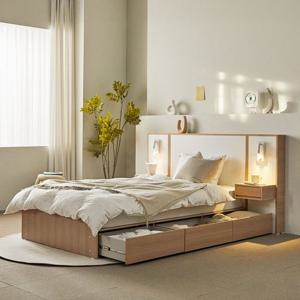 장인가구 [비밀특가] 장인가구 밤비 통서랍 수납 침대 D (높이 300)+포켓폼 매트리스+조명협탁2