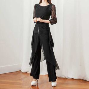 까르죠아 다이아 보석 이중 쉬폰 통바지 와이드 팬츠 댄스바지 여성 스포츠 댄스복