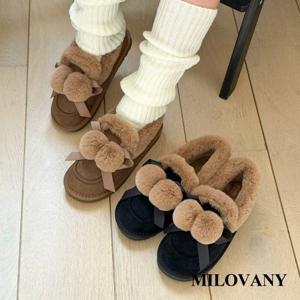 [밀로바니] 이프 둥근코 폼폼 방울 리본 여성 방한 퍼안감 로퍼 2cm