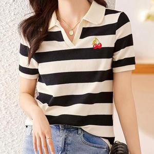 [퀸이즈] [~77까지]마츠 브이넥 스트라이프 체리 티셔츠