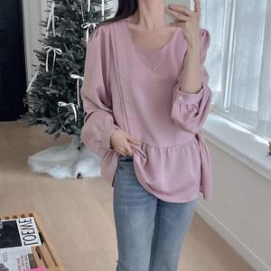 [옷자락] 여자 겨울하객룩 빅사이즈 핀턱 분홍 리본 블라우스